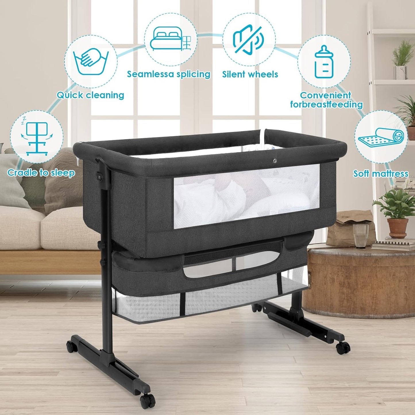 Baby Bassinet, Baby Basinet Bedside Sleeper, Easy to Fold Portable Crib Side Bassinet 2024new Style Girl/boy bassinets (Dark Gray)