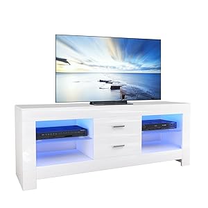 TV Lowboard, TV Sideboard with LED Lighting & Drawers, High Gloss TV Storage Unit, 130 x 50 x 35 cm, White