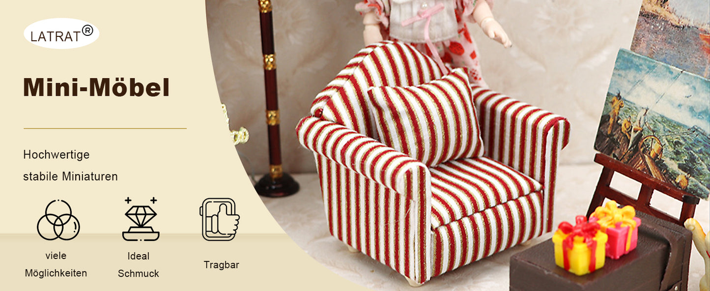 LATRAT Dollhouse Sofa, 1:12 Dollhouse Miniature Furniture Model Cloth Floral Pattern Couch Chair Sofa with Cushion, Accessories Floral Pattern Mini Furniture Sofa Set with Back Cushion, Striped