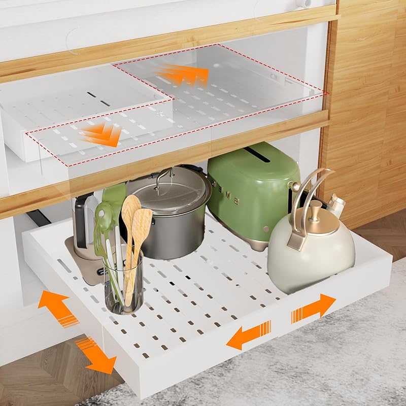 Pull Out Cabinet Organizer Expandable Width(12"-18") and Depth(14"-24") Slide Out Drawers Fixed with Adhesive Nano Film or Nail, Heavy Duty Roll Out Shelf Storage for Kitchen, Bathroom (White)