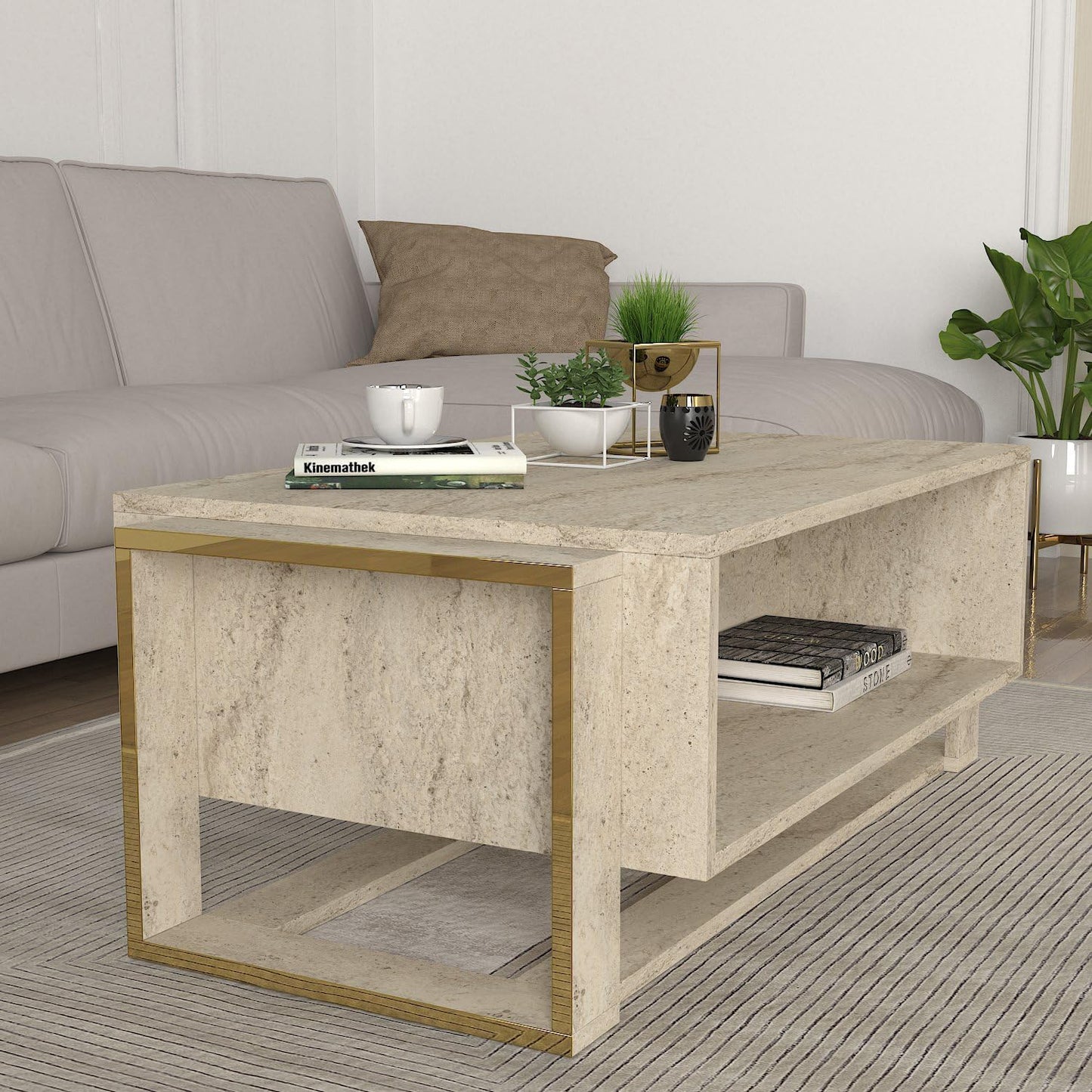 moebel17 2482 Coffee Table Sofa Table Living Room Table for Living Room, Wood, Beige Granite Look, High Gloss, Storage Compartments, Lots of Storage Space, Designer Table, 107 x 41 x 60 cm