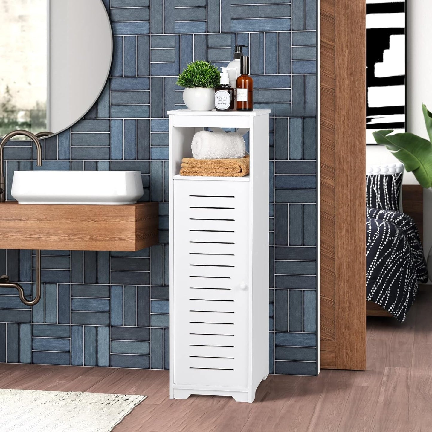 Bathroom Floor Cabinet 1 Tier Single Door Freestanding Storage Organizer Hallway Entrance Cabinet Narrow Bathroom Shelf for Living Room Kitchen White