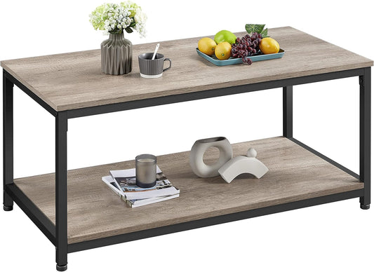 Coffee Table Wooden Living Room Table with Shelves Steel Frame Sofa Table Industrial Design 100 × 50 × 45 cm Grey