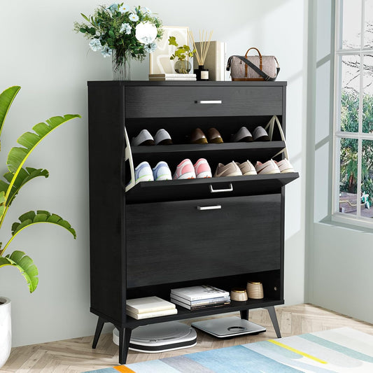 Shoe Cabinet, Improved Free Standing Shoe Storage Cabinet for Entryway, Modern Narrow Shoe Organizer Rack with 2 Flip Cabinets and Open Shelves- Black