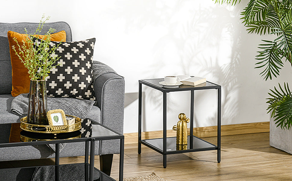 Side Table, Coffee Table with 2 Levels, Tempered Glass Coffee Table for Living Room, Bedroom, 40 x 40 x 50 cm, Steel, Black