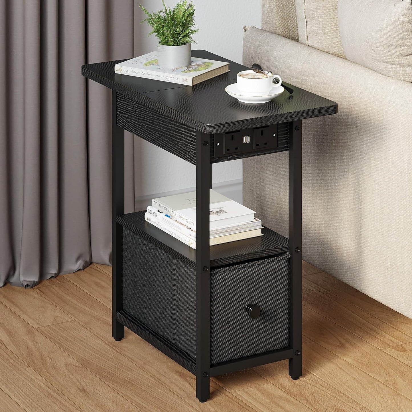 Side Table with Charging Station, Bedside Table with Charging Function, Small Bedside Table with 2 Sockets and 2 USB Ports, Modern Wood, Coffee Table, Coffee Table for Living Room, Bedroom