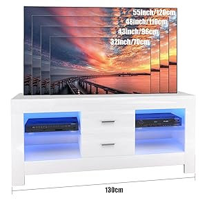 TV Lowboard, TV Sideboard with LED Lighting & Drawers, High Gloss TV Storage Unit, 130 x 50 x 35 cm, White