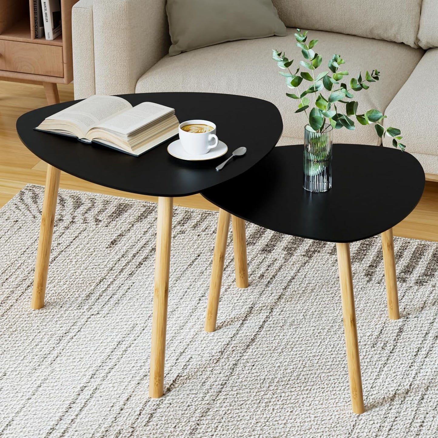 Coffee Table, Set of 2 Modern Living Room Table, Side Table, Coffee Table, Sofa Table, Table Combination for Living Room, Bedroom, Office, Balcony (Black)