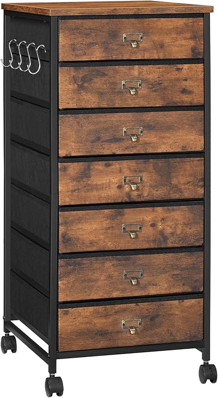 HOOBRO 7-Drawer Vertical File Cabinet, Office Cabinet with Drawers, Filing Cabinet for Home Office, with S Hooks and Nameplates, Sturdy Metal Support, Easy Assembly, Black and Rustic Brown BFK71WJ01