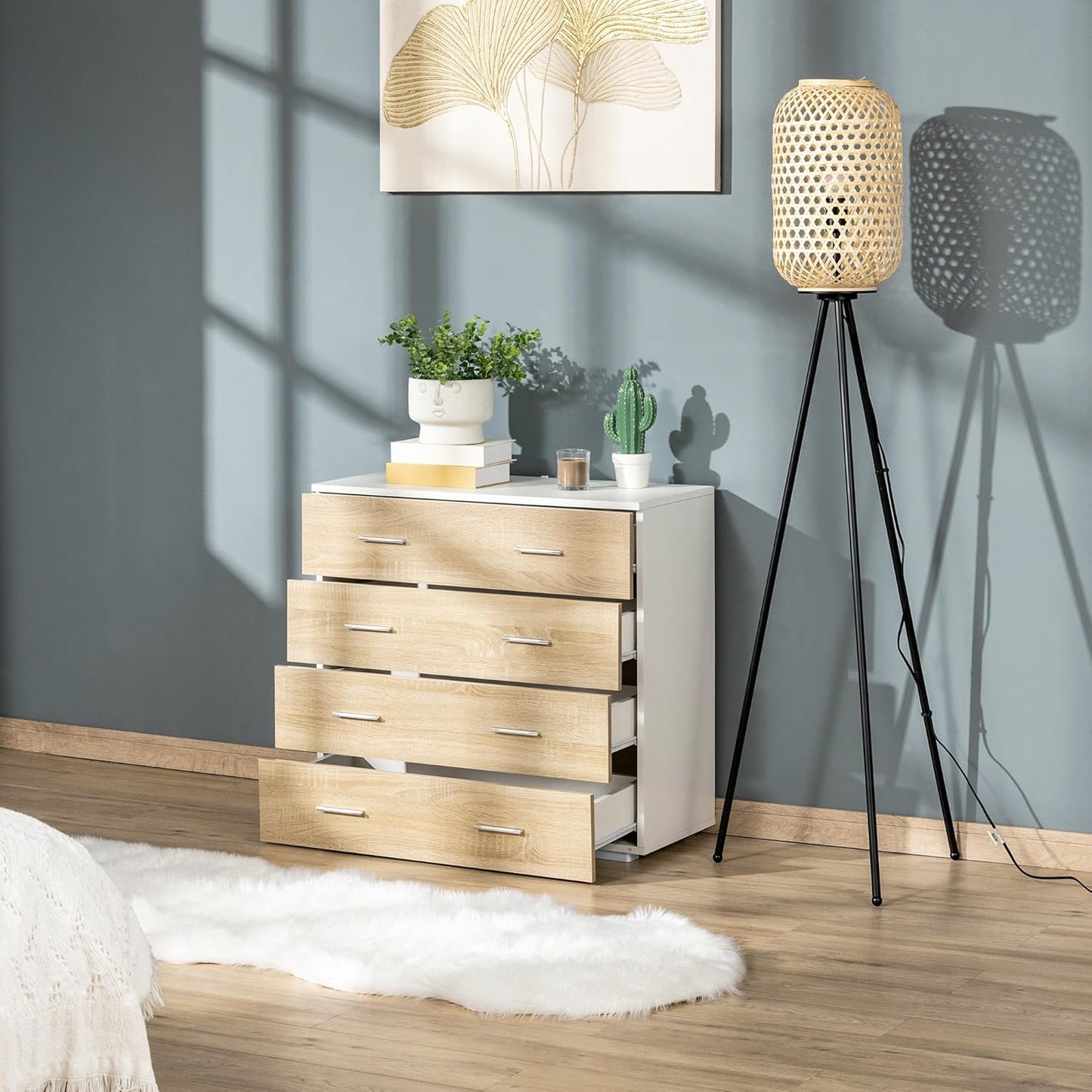 Chest of Drawers with 4 Drawers Bathroom Cabinet Drawer Cabinet for Bedroom Living Room Oak White 76 x 35 x 72 cm