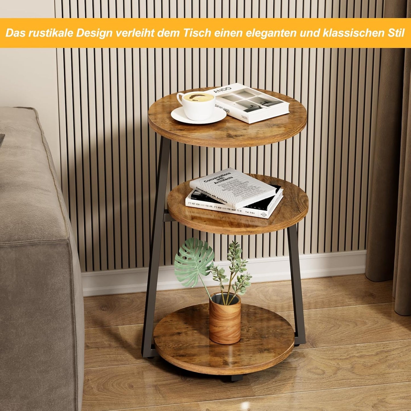 Round Side Table, 3-Tier Shelves, Wooden Side Table with Metal Frame, Small Table, Living Room for Living Room, Bedroom