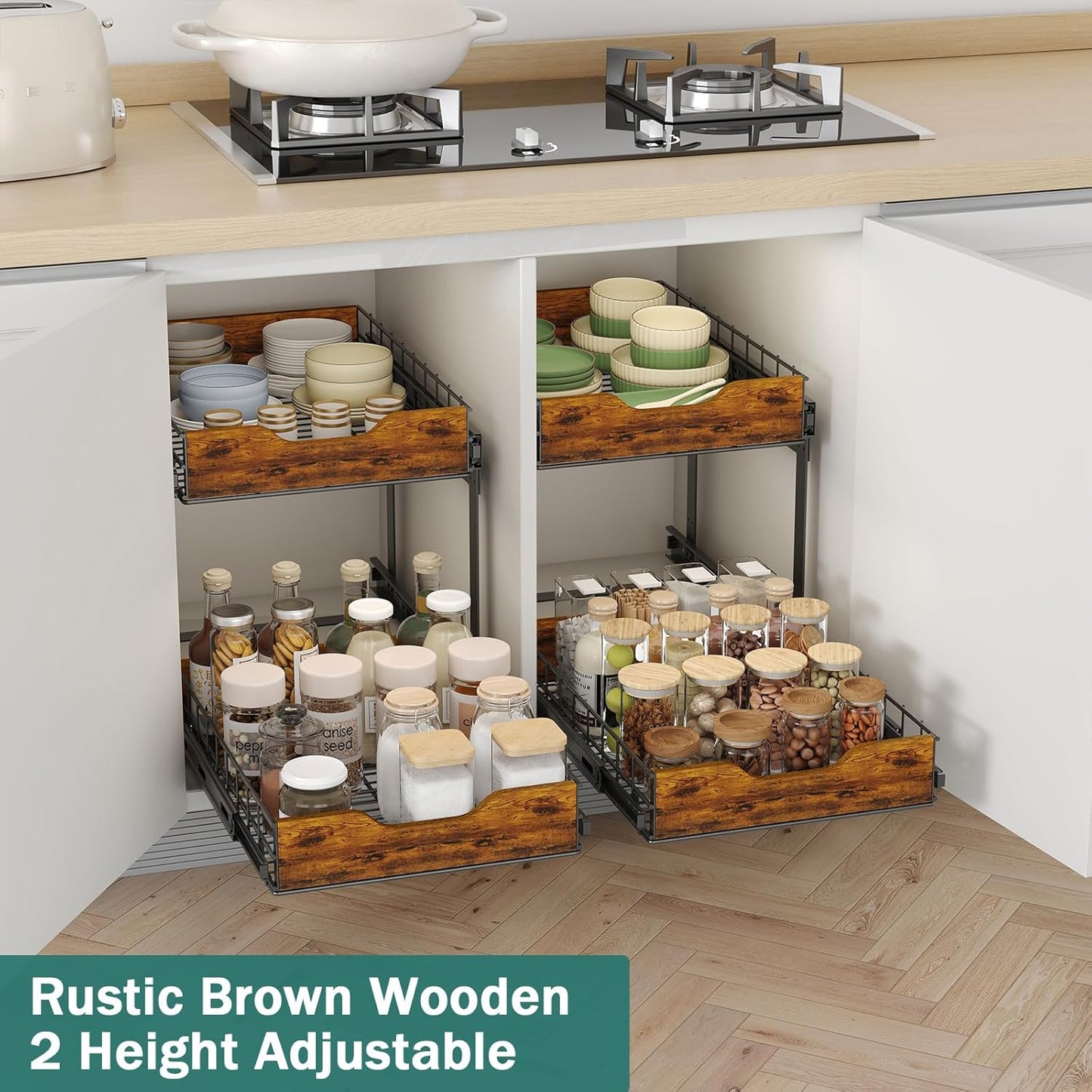 2 Tier Pull Out Cabinet Organizer 16" W X 21" D,Height Adjustable Slide Out Drawers for Kitchen Cabinets with Wooden Handle,Heavy-Duty Cabinet Pull Out Shelves for Pantry,Under Sink