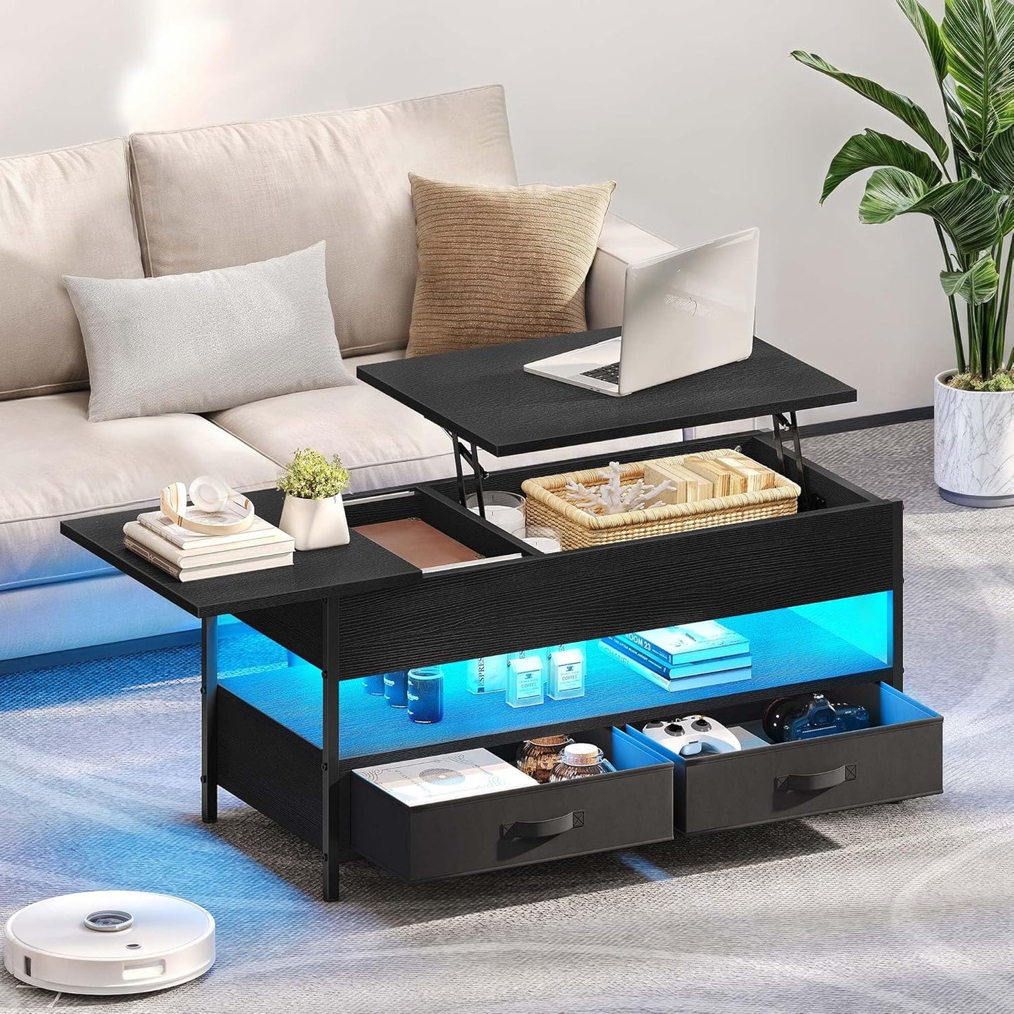 Coffee Table Height Adjustable, Living Room Table with Hidden Storage Compartment for Living Room, Office, Coffee Table with Storage Space and 2 Drawers and LED Light Bar, 106 x 50 x 51.5 cm