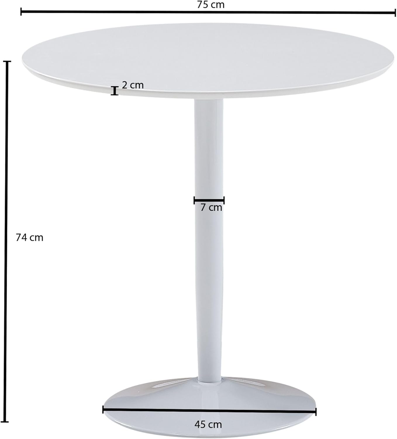 Round Dining Table, 75 x 75 x 74 cm, Small Kitchen Table, White High Gloss, Round Dining Room Table for 2 People, Modern Breakfast Table, Kitchen, Dining Room, Small