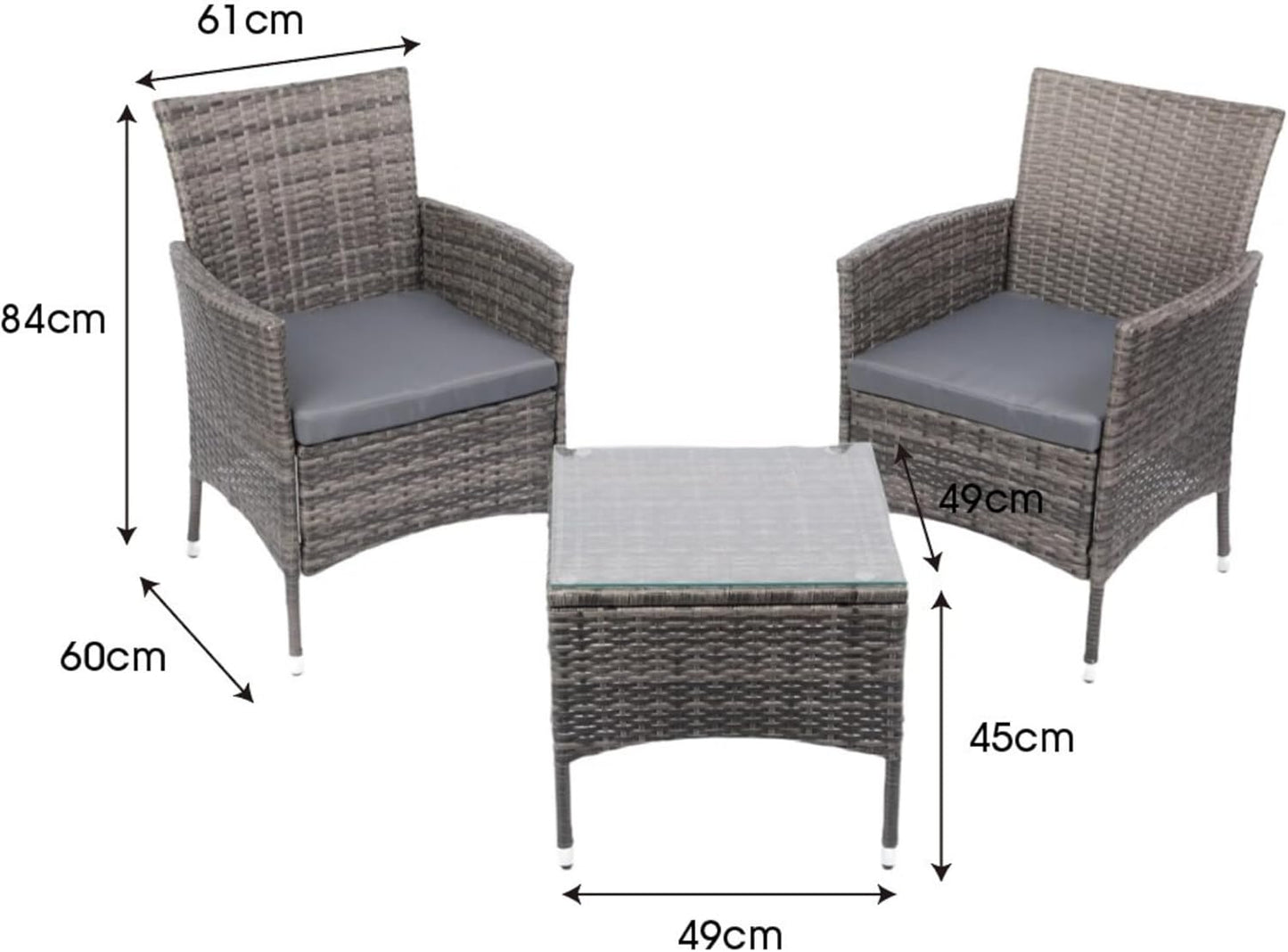 Balcony Furniture Set 3-Piece Rattan Polyrattan, 2 Armchairs with Table, Lounge Set Balcony Garden Lounge Garden Furniture Seating Set with Cushions and Glass Table for Garden Patio Outdoor