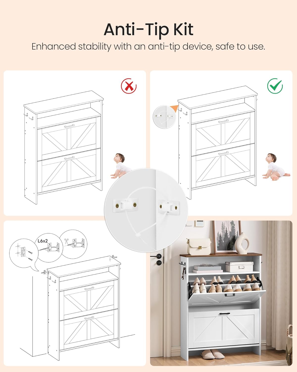 Shoe Cabinet with 2 Flip Drawers, Shoe Storage Cabinet for Entryway, Freestanding Shoe Cabinet Organizer with Hooks and Open Storage, Farmhouse Shoe Rack Cabinet, White Rustic Brown MSC02WL