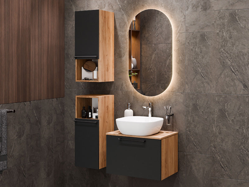 Astra Bathroom Furniture Set with Wash Basin 60 cm with 1 x Midi Cabinet Gold Oak Anthracite, Countertop Sink 42 cm Black, Mirror (with LED) 50 cm