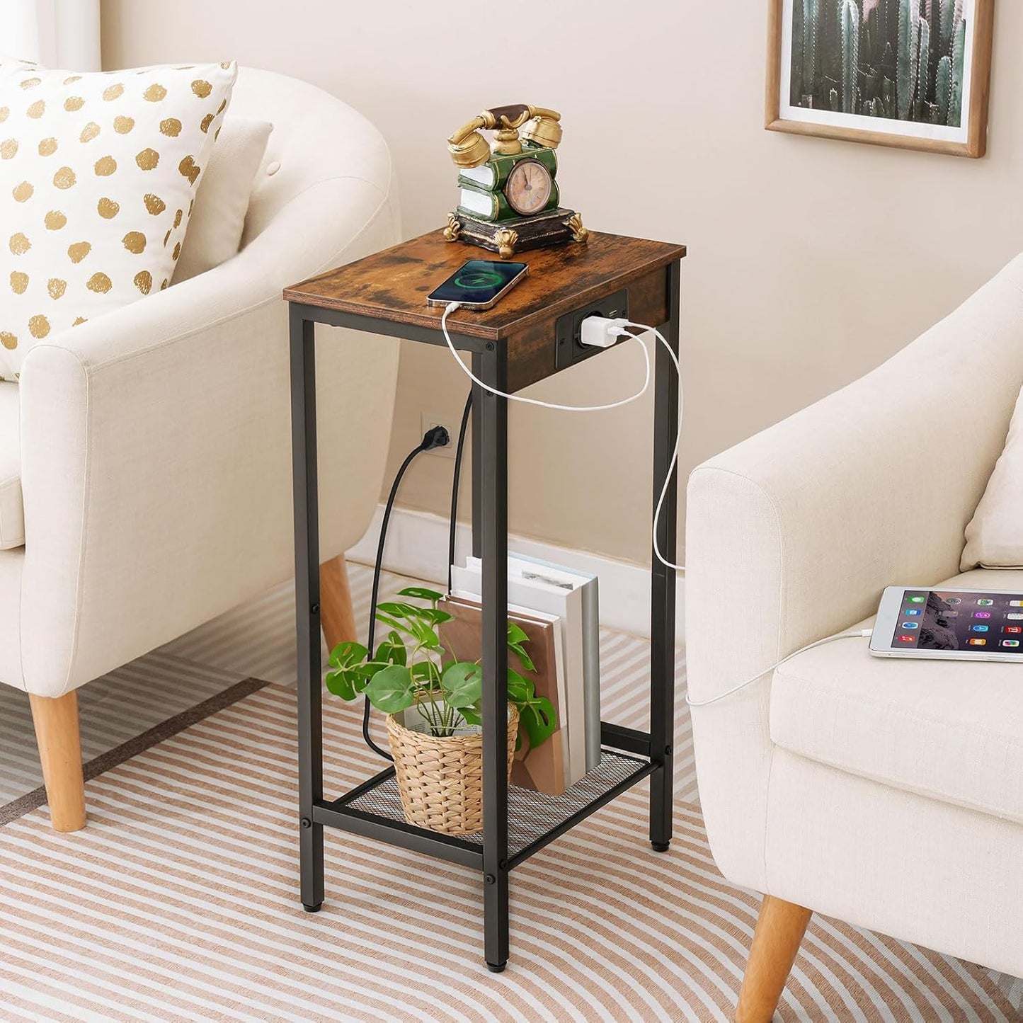 Side Table with Charging Station, Telephone Table High with Mesh Shelf, Narrow Bedside Table with Socket for Living Room, Bedroom, Vintage Brown and Black