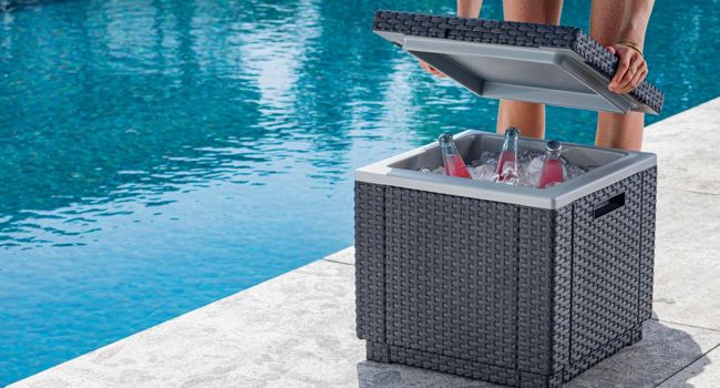 Allibert Daytona Rattan Wicker Look Cool Box Ice Cube – Set of 2 Graphite Sun Lounger with Cushion