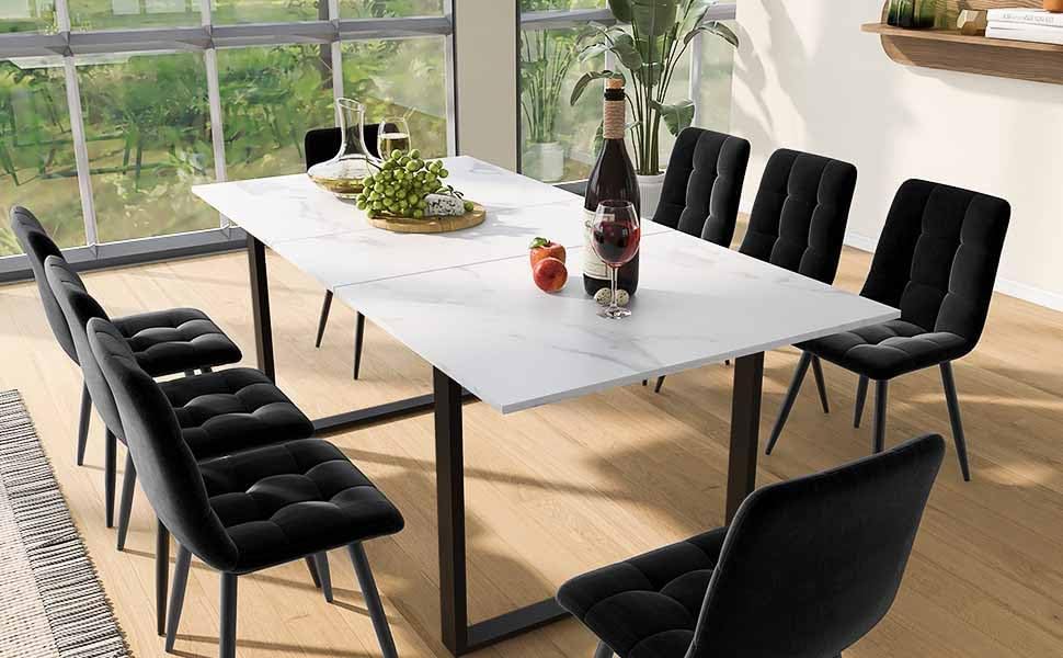 Telescopic Dining Table 140/180 x 80 x 75 cm, MDF with Marble Look, Extendable, Metal Frame with Square Tubes, Flexible for Home and Office, Modern and Sturdy, Maximum Load 60 kg