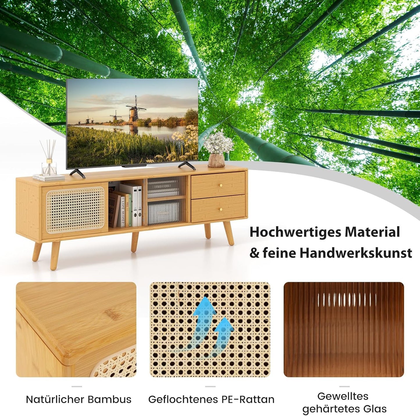 Bamboo TV Cabinet, TV Lowboard with Rattan & Glass Sliding Doors, TV Stand with 2 Drawers, TV Cabinet for TVs up to 65 Inches, for Living Room, 140 x 31 x 45.5 cm