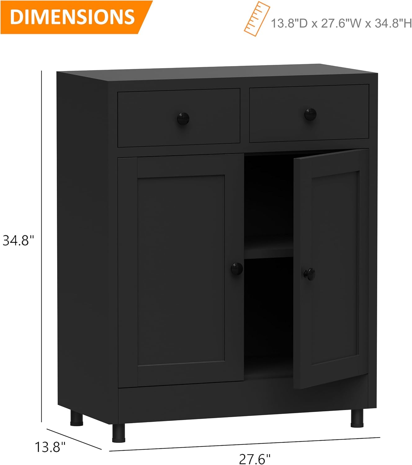 Metal Storage Cabinet with 2 Drawers and Adjustable Shelf, Sideboard Buffet Cabinet for Home, Office, Hallway, Entryway, Living Room, Kitchen Pantry and Dining Room (34.8" H, with Feet, Black)