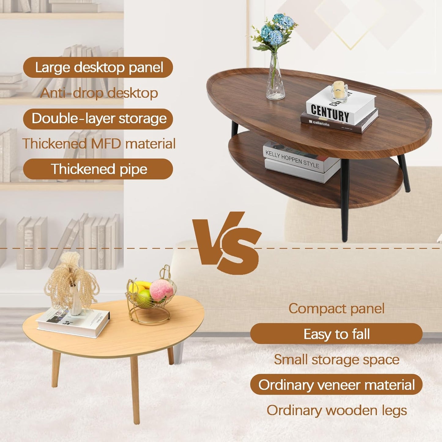 Oval Wood Coffee Table, Living Room Table for Couch, Living Room Table with Storage Space, Easy Assembly, Industrial Design, 100 x 55 x 38 cm, Small Modern Coffee Tables for Home and Office