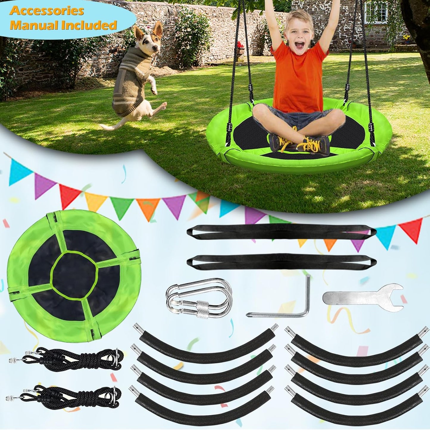 40 Inch Green Saucer Tree Swing Set for Kids Adults 500lb Weight Capacity Waterproof Flying Swing Seat Outdoor Playground, Backyard