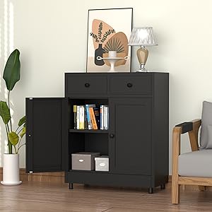 Metal Storage Cabinet with 2 Drawers and Adjustable Shelf, Sideboard Buffet Cabinet for Home, Office, Hallway, Entryway, Living Room, Kitchen Pantry and Dining Room (34.8" H, with Feet, Black)