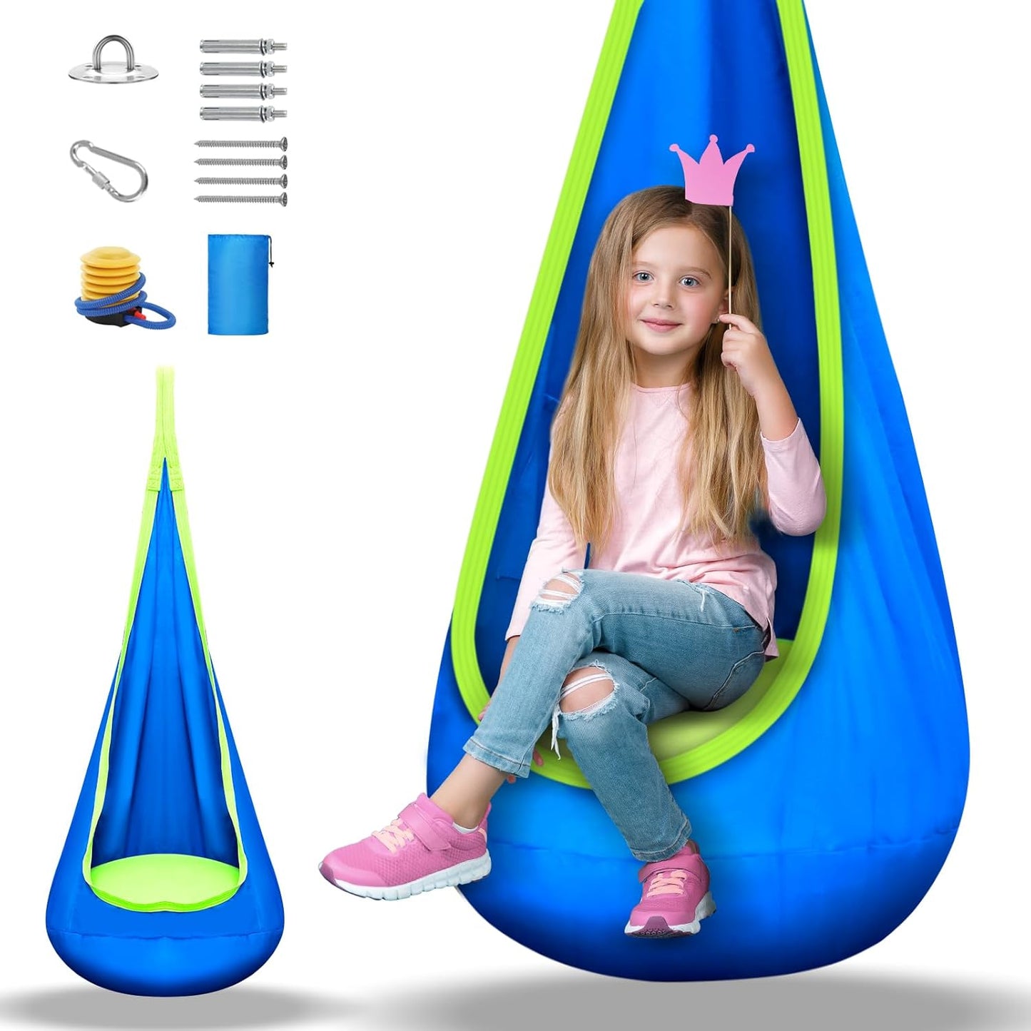 Kids Pod Swing Seat, Hammock Chair Swing with Inflatable Pillow, Hanging Hammock Chair Sensory Swing Chair with Pocket for Indoor & Outdoor, Kids New Year Gifts(Max 176Lbs)