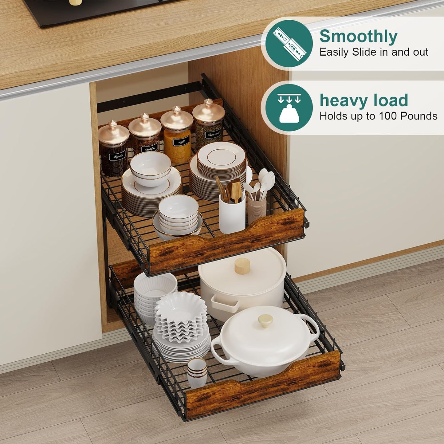 2 Tier Pull Out Cabinet Organizer 16" W X 21" D,Height Adjustable Slide Out Drawers for Kitchen Cabinets with Wooden Handle,Heavy-Duty Cabinet Pull Out Shelves for Pantry,Under Sink