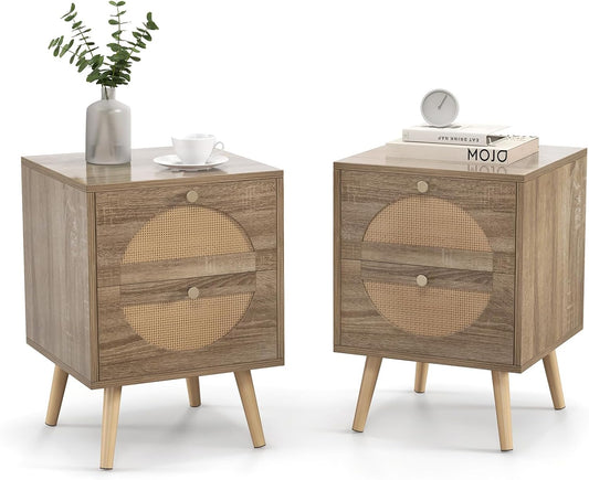 Nachttisch 2er Set, Nachtschrank mit 2 Rattan-Schublade, Nachtkonsole Holz, 40 x 40 x 56 cm, Beistelltisch für Wohnzimmer Schlafzimmer