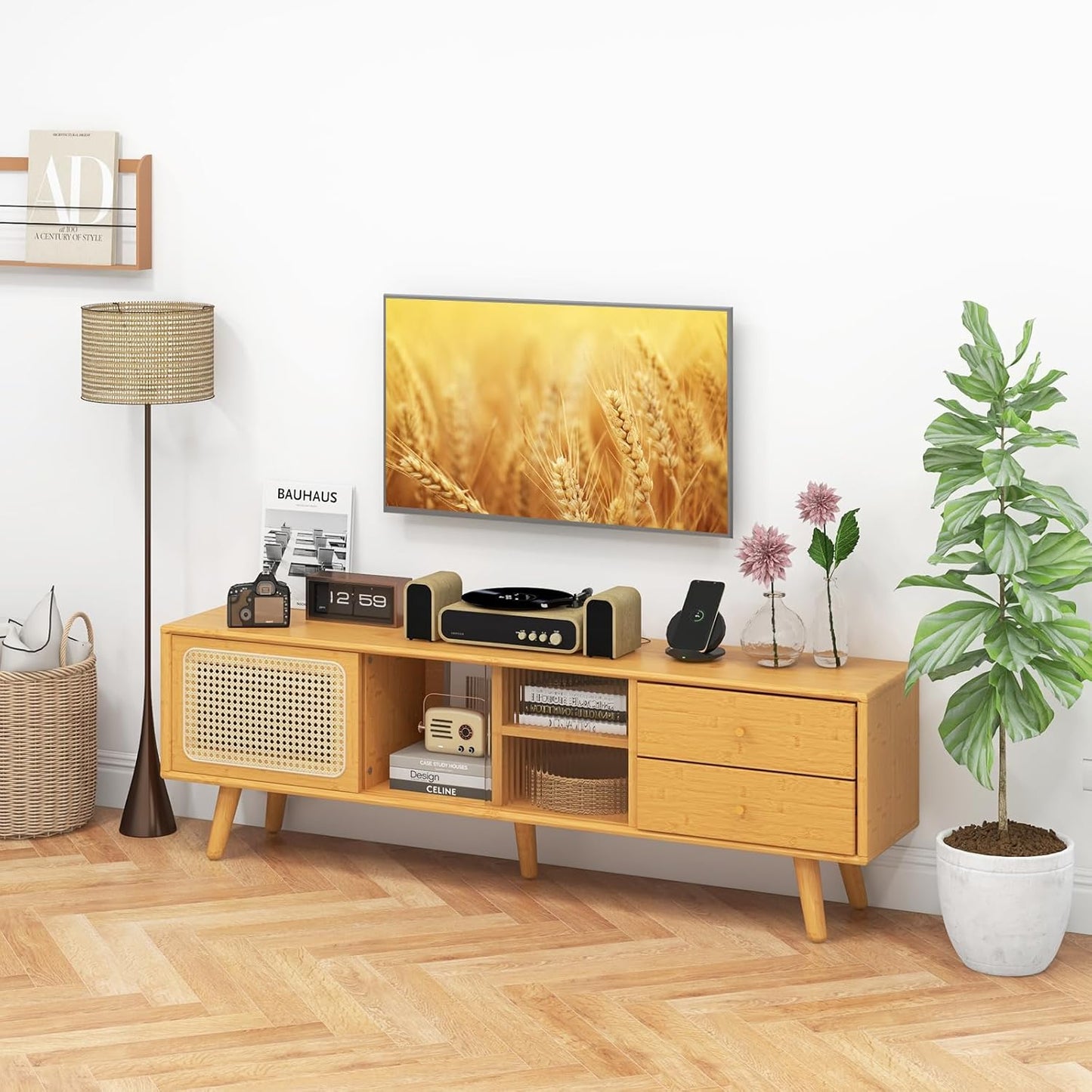 Bamboo TV Cabinet, TV Lowboard with Rattan & Glass Sliding Doors, TV Stand with 2 Drawers, TV Cabinet for TVs up to 65 Inches, for Living Room, 140 x 31 x 45.5 cm