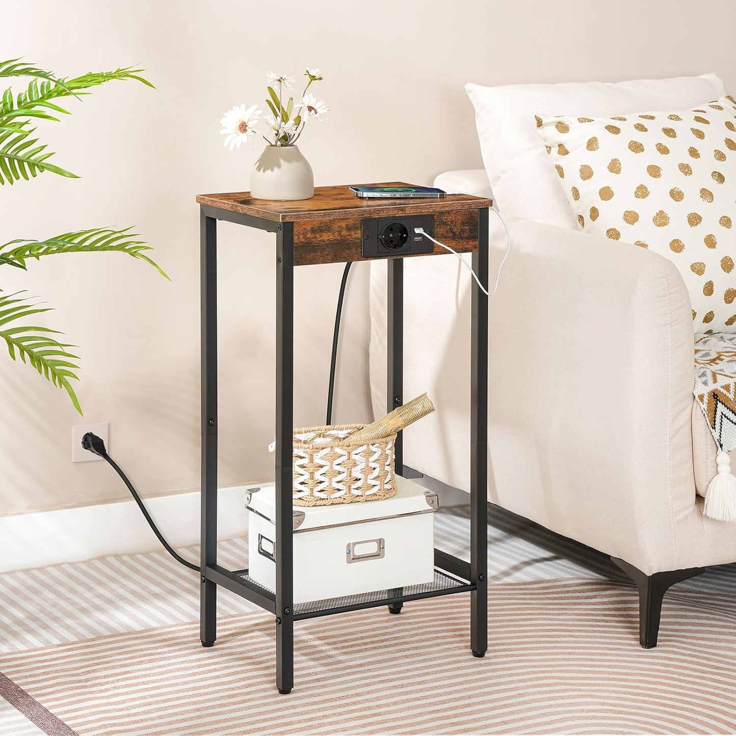 Side Table with Charging Station, Telephone Table High with Mesh Shelf, Narrow Bedside Table with Socket for Living Room, Bedroom, Vintage Brown and Black