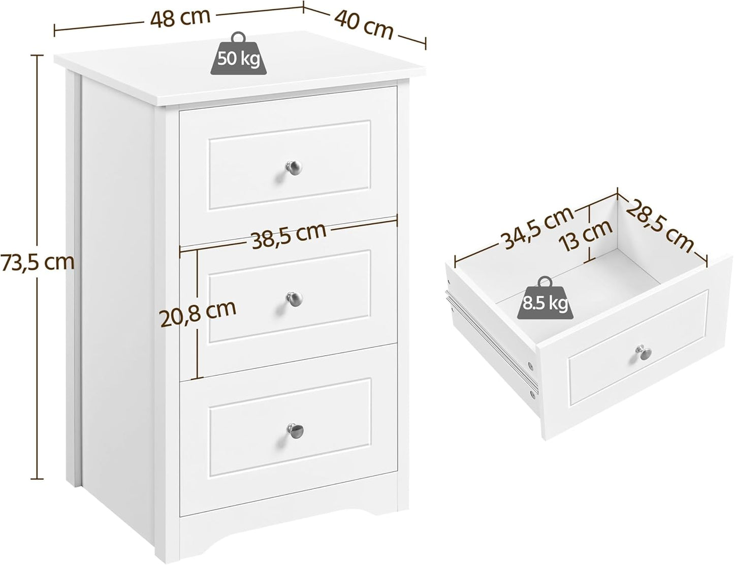 2er Set Nachttisch mit 3 Schubladen Nachtschrank aus Holz Nachtkonsole Nachtkommode für Schlafzimmer Wohnzimmer Beistelltisch für Boxspringbett weiß