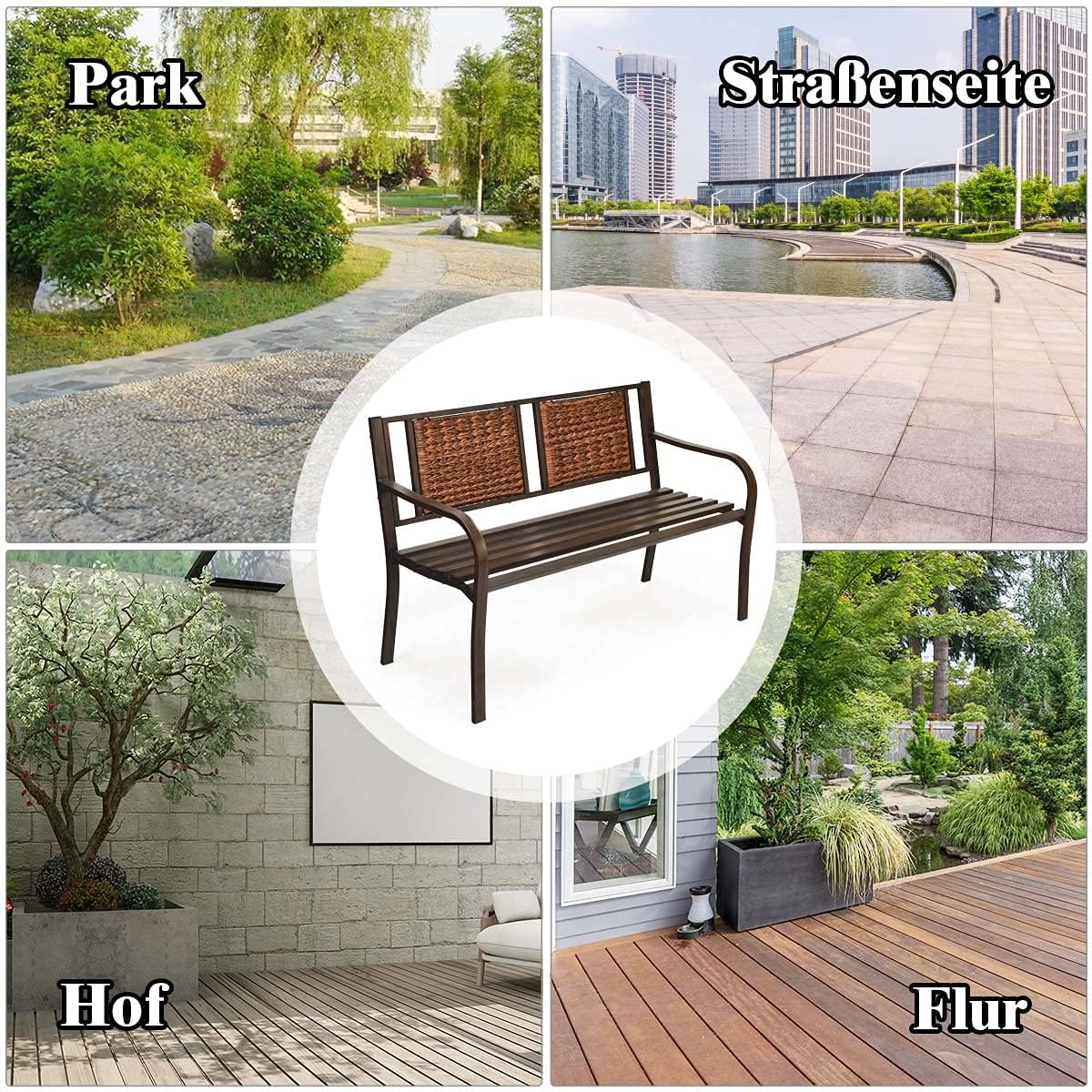 Metal Garden Bench, 2-3 Seater Bench with Polyrattan Backrest & Armrests, Park Bench up to 228 kg, Patio Bench for Garden, Balcony, Patio, Yard, 128 x 58 x 84 cm