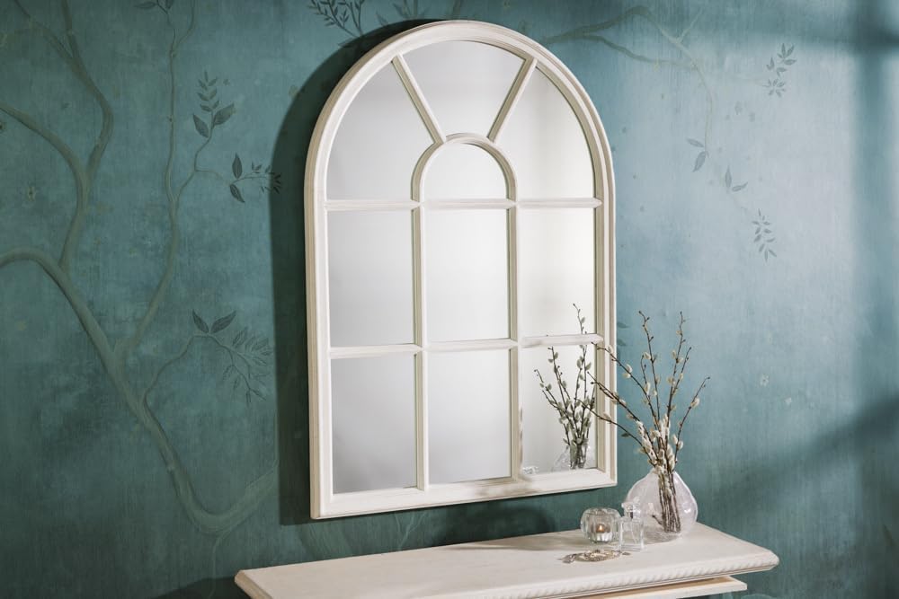 Ambiente Castillo Design Wall Mirror 100 cm White Cream Country House Style Window Mirror Round Arch Shabby Chic