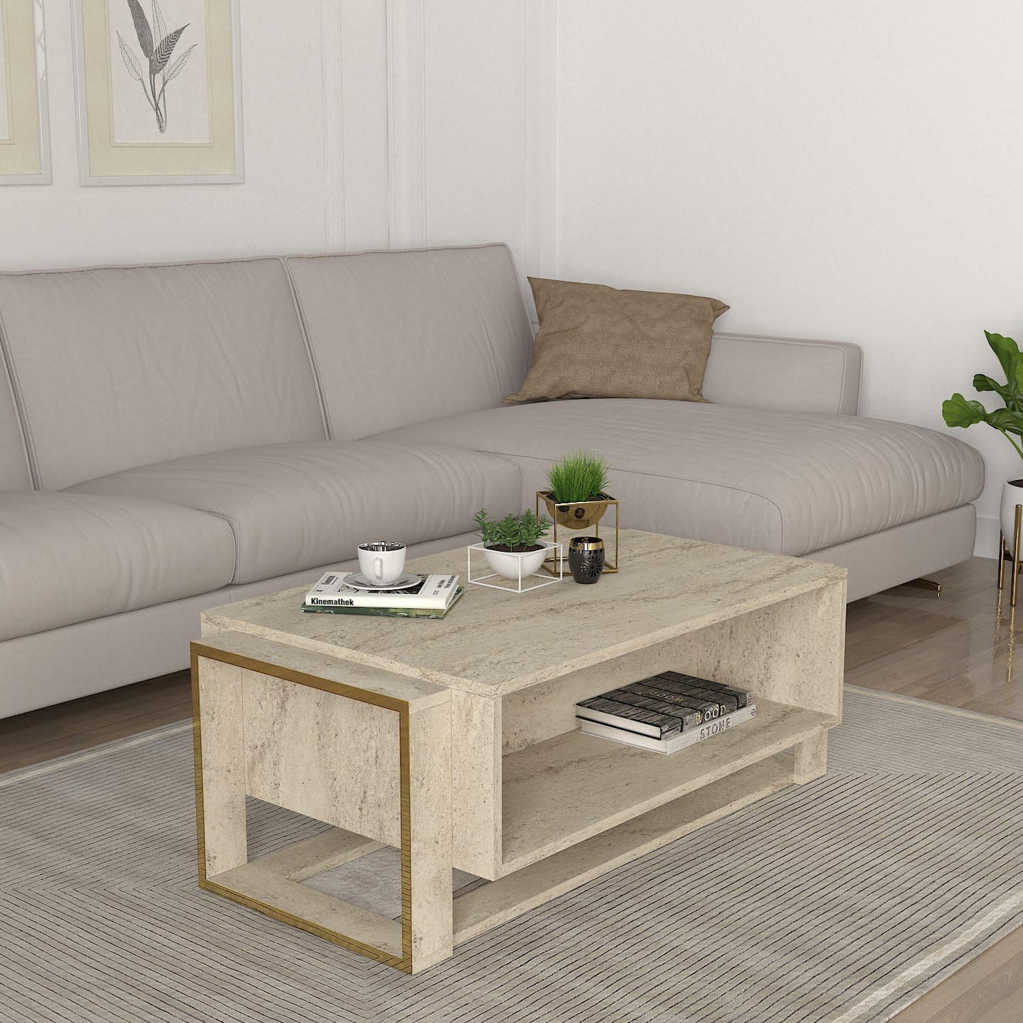 moebel17 2482 Coffee Table Sofa Table Living Room Table for Living Room, Wood, Beige Granite Look, High Gloss, Storage Compartments, Lots of Storage Space, Designer Table, 107 x 41 x 60 cm