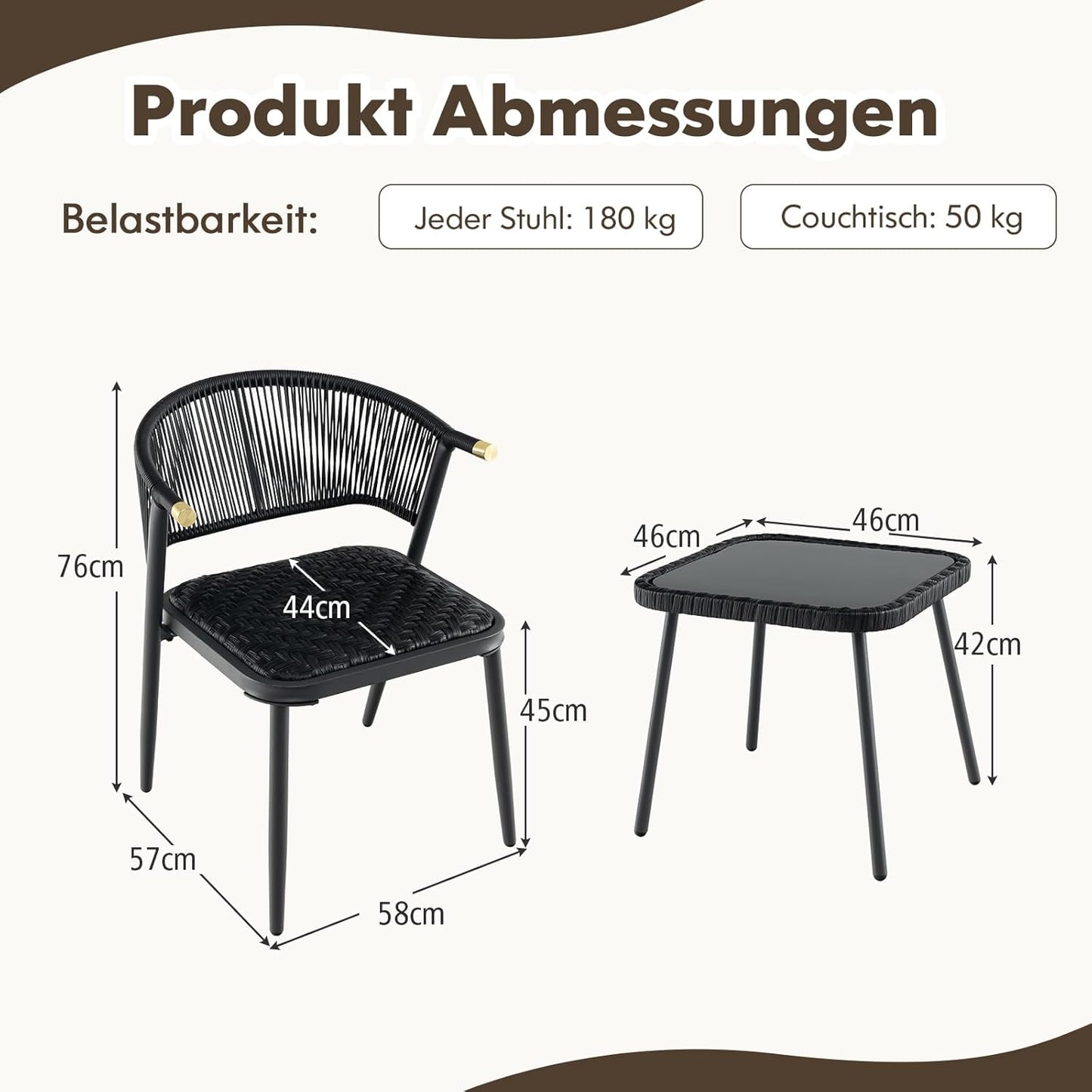 Rattan Garden Furniture Set, Balcony Set with 2 Chairs and Table, Balcony Furniture with Quick-Drying Foam Padding, Rattan Furniture for Small Balcony, Patio Furniture, Garden Furniture