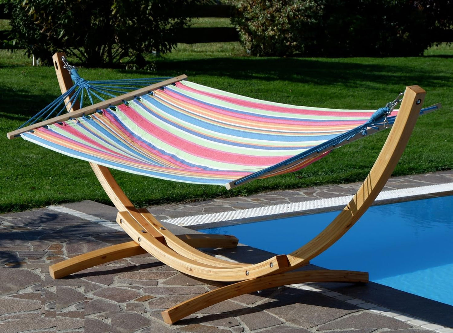 Blanca-Caleta Hammock Frame 320 cm with Natural Larch Wood Frame with Striped Bar Hammock