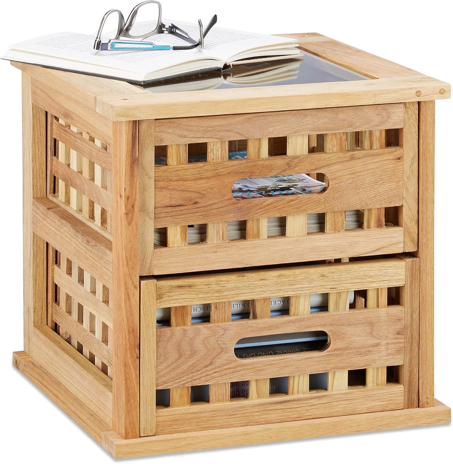 Beistelltisch Walnuss, quadratischer Nachtschrank aus Naturholz mit 2 Schubladen, HBT: 34 x 34 x 34 cm, natur