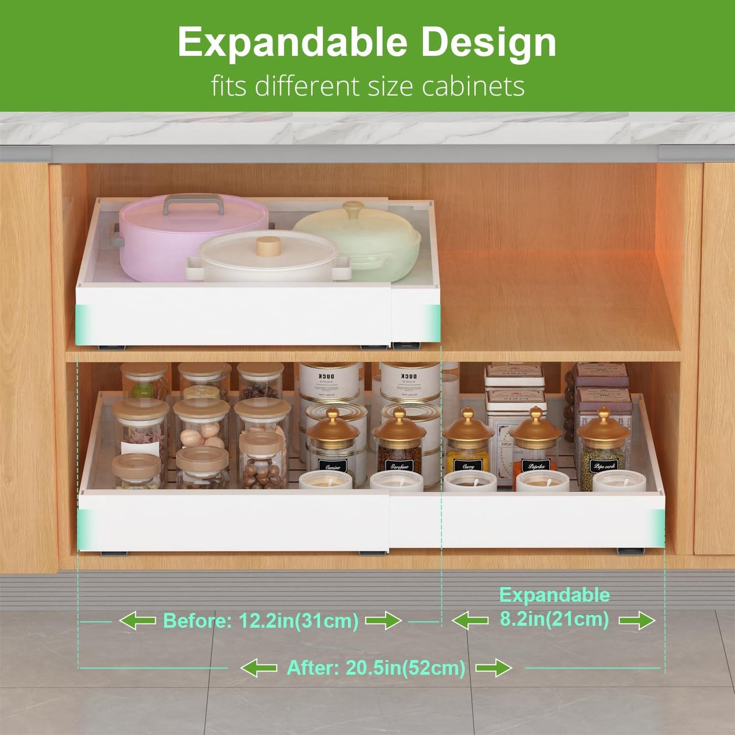 Pull out Cabinet Organizer, Expandable(12.2"-20.5") Heavy Duty Slide Out Drawers, Fixed with Adhesive Nano Film or Screw, Roll out Shelf Storage for Kitchen Base Cabinet Organization(16.5''Deep)