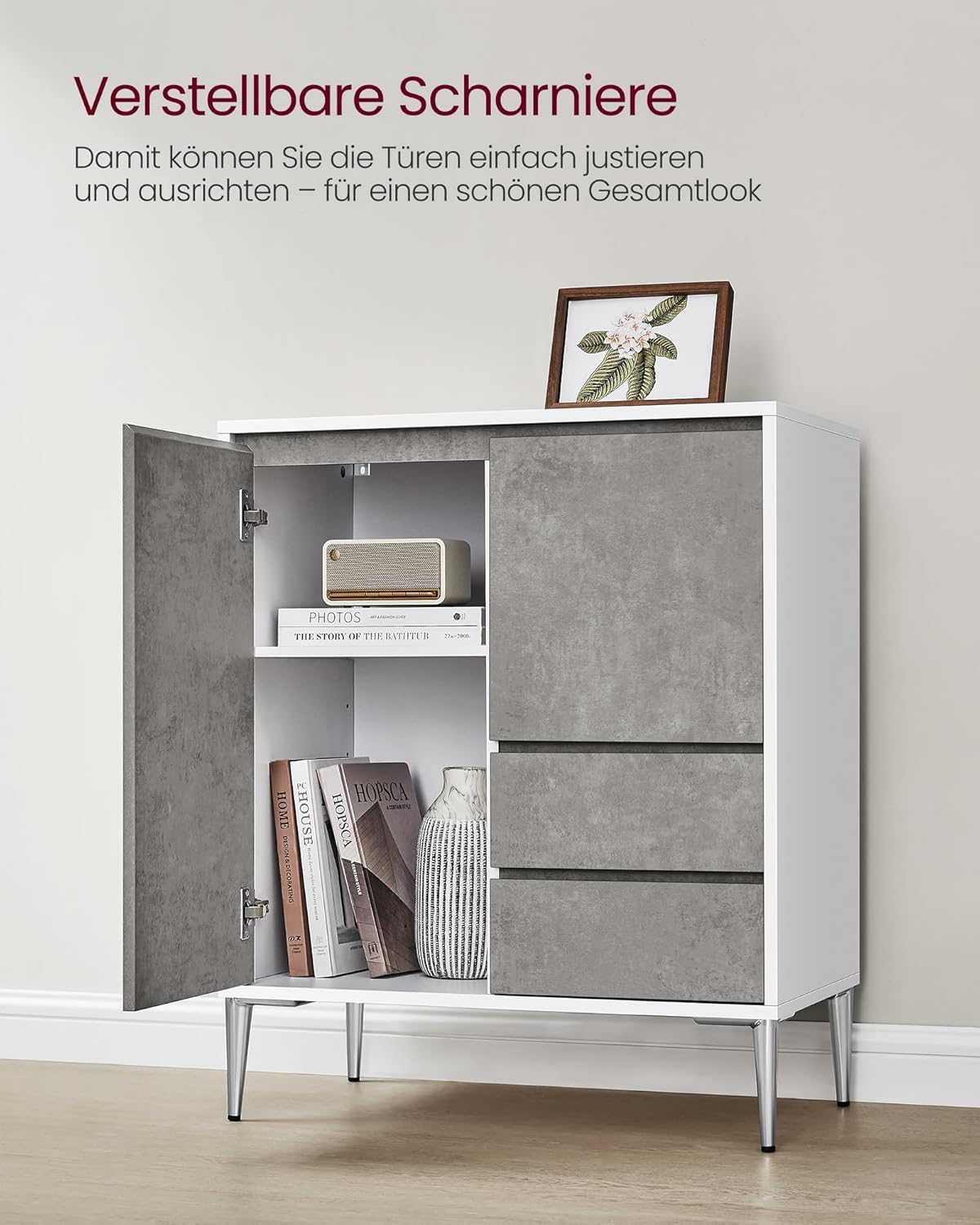 Storage Cabinet, Sideboard, Kitchen Cabinet with Doors, Height-Adjustable Shelves, 2 Drawers, Modern, 40 x 70 x 85 cm, for Living Room, Kitchen, Study, Concrete Grey, BBK243G02