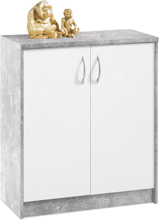 Chest of Drawers with 2 Doors - Concrete Look - White - 74 cm Wide - Sideboard Multi-Purpose Cabinet