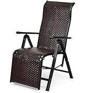 Folding Garden Lounger Polyrattan Recliner Sun Lounger with 2 Wheels, Deck Chair with 5-Way Adjustable Backrest, Weatherproof Rattan Lounger for Garden, Balcony and Patio, up to 150 kg