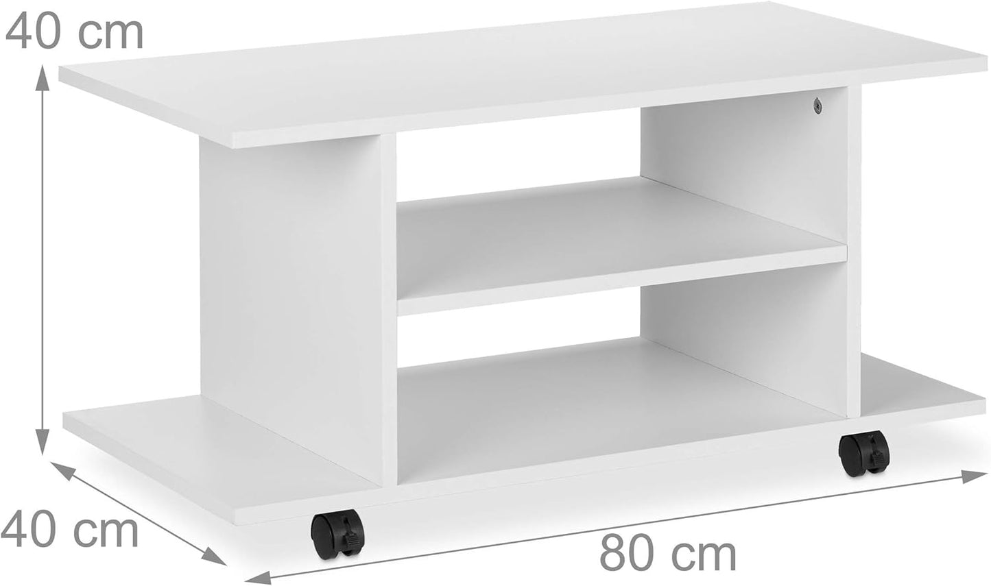 TV Board with Wheels, 4 Open Shelves, Mobile Coffee Table for Devices, CDs, DVDs, HBT 40 x 80 x 40 cm, White, Opulent Garden