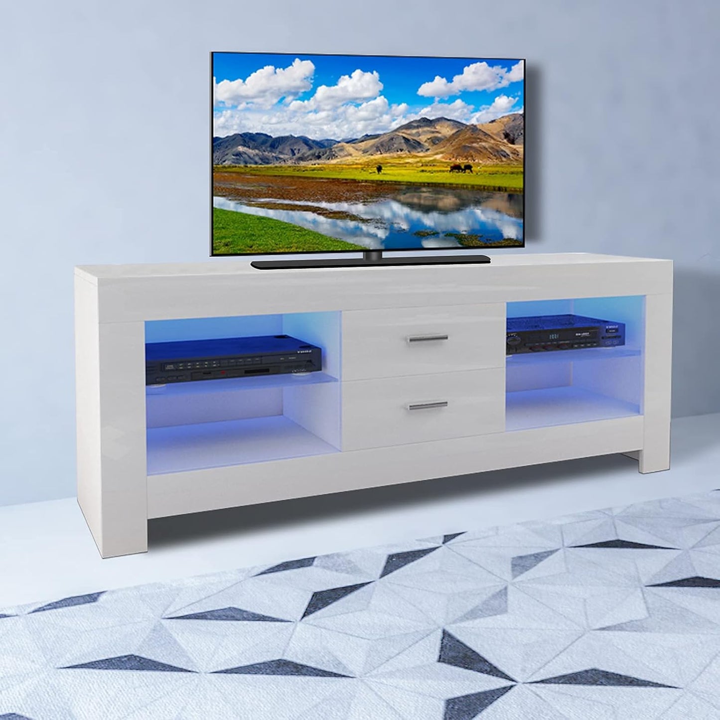 TV Lowboard, TV Sideboard with LED Lighting & Drawers, High Gloss TV Storage Unit, 130 x 50 x 35 cm, White