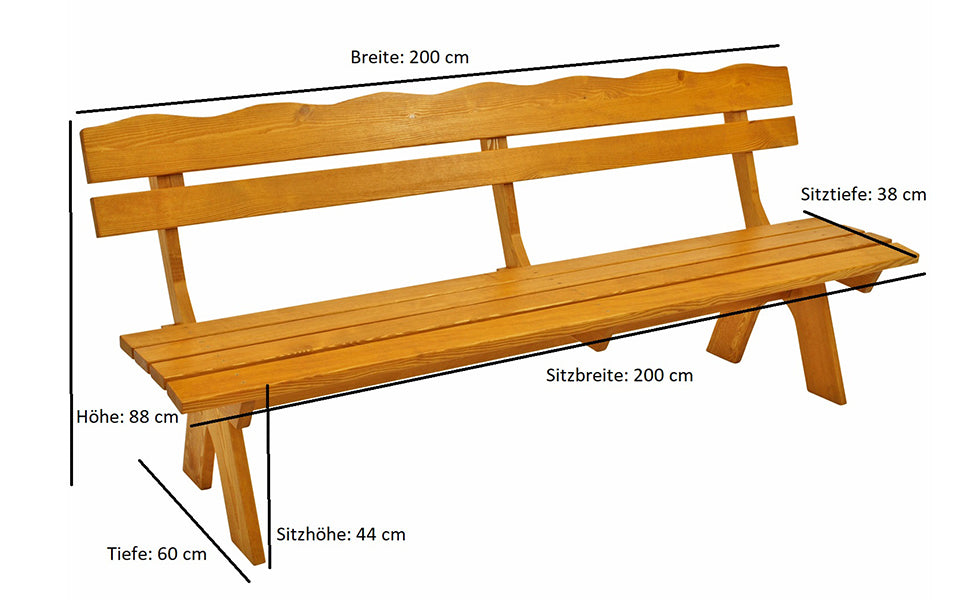 Freital Garden Bench XXL 4-Seater 200 cm Solid Pine Wood Light Varnished Stable Outdoor