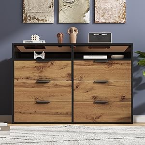 Cabinet Chest of Drawers Sideboard, Drawer Cabinet Lowboard with 6 Drawers Storage Space and Open Compartments for Bedroom, Furniture for Living Room, Children's Room, Kitchen, Hallway, 120 x