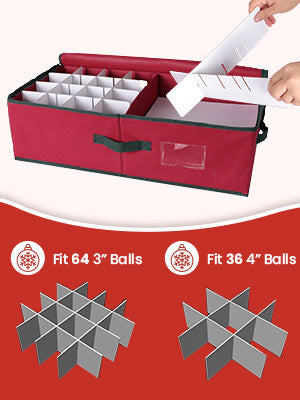 Christmas Ornament Storage Box Fit Balls (36 PCS 4’’ or 64 PCS 3”) with Adjustable Dividers, Cube Storage Containers Organizer, Stackable Storage Bins Dual Zipper, Handles, Visual Slot